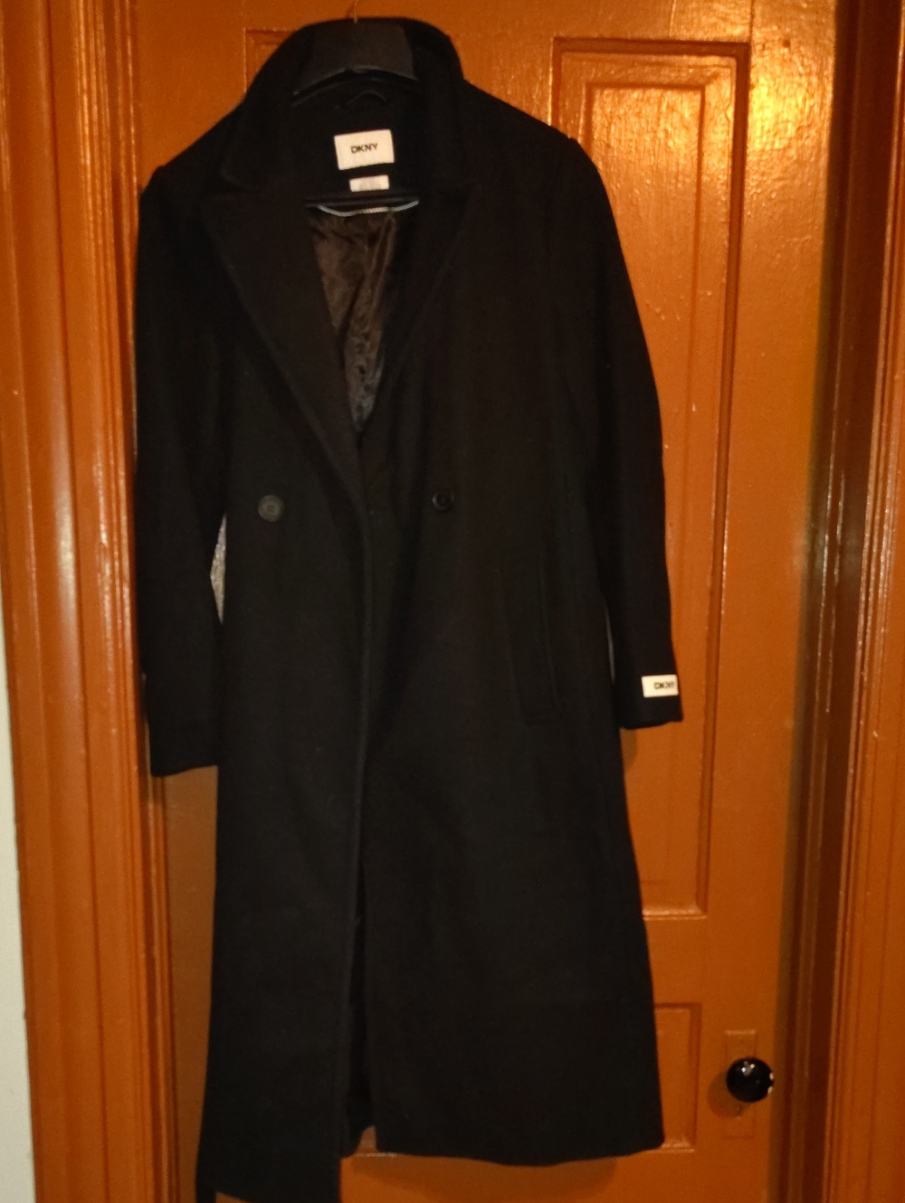 DKNY Black Long Trench Coat with Classic Lapel